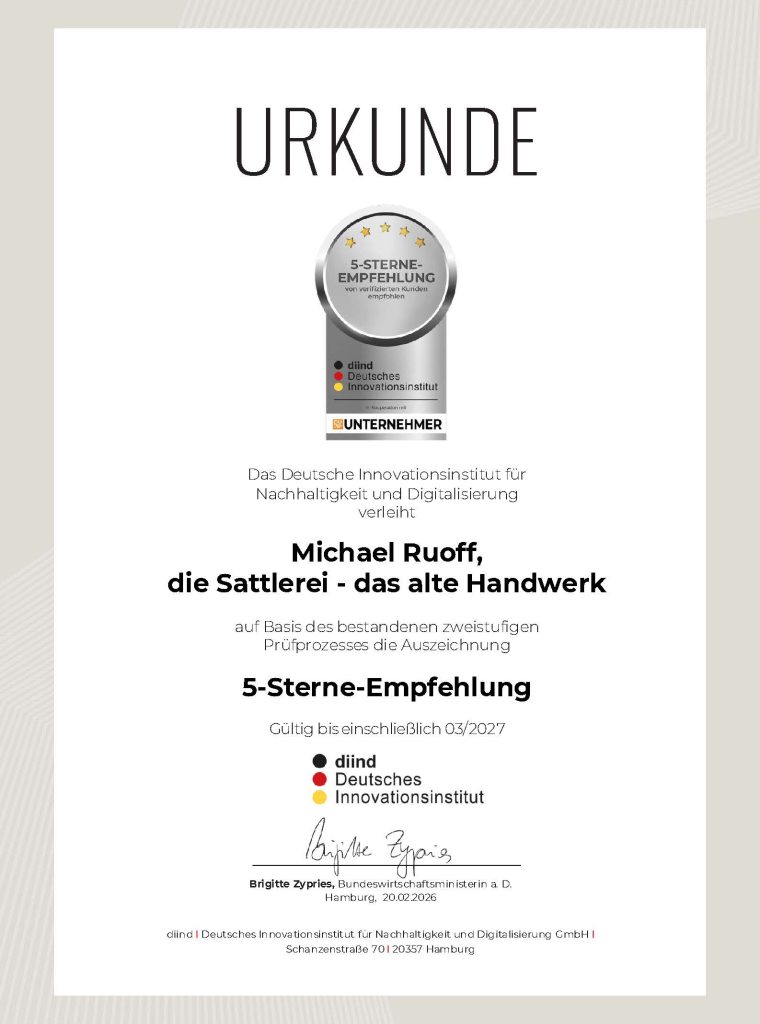 DIIND_URKUNDE_5_Sterne_Empfehlung Michael Ruoff, die Sattlerei - das alte Handwerk